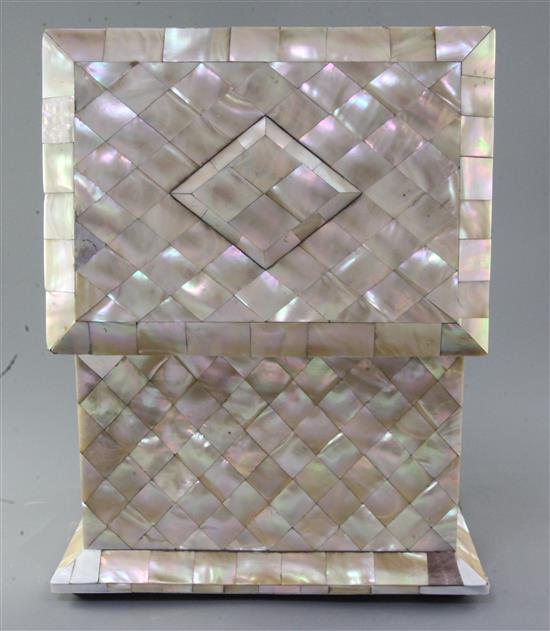 A Victorian mother of pearl and ivory work casket, width 12in. depth 8.75in. height 9in.